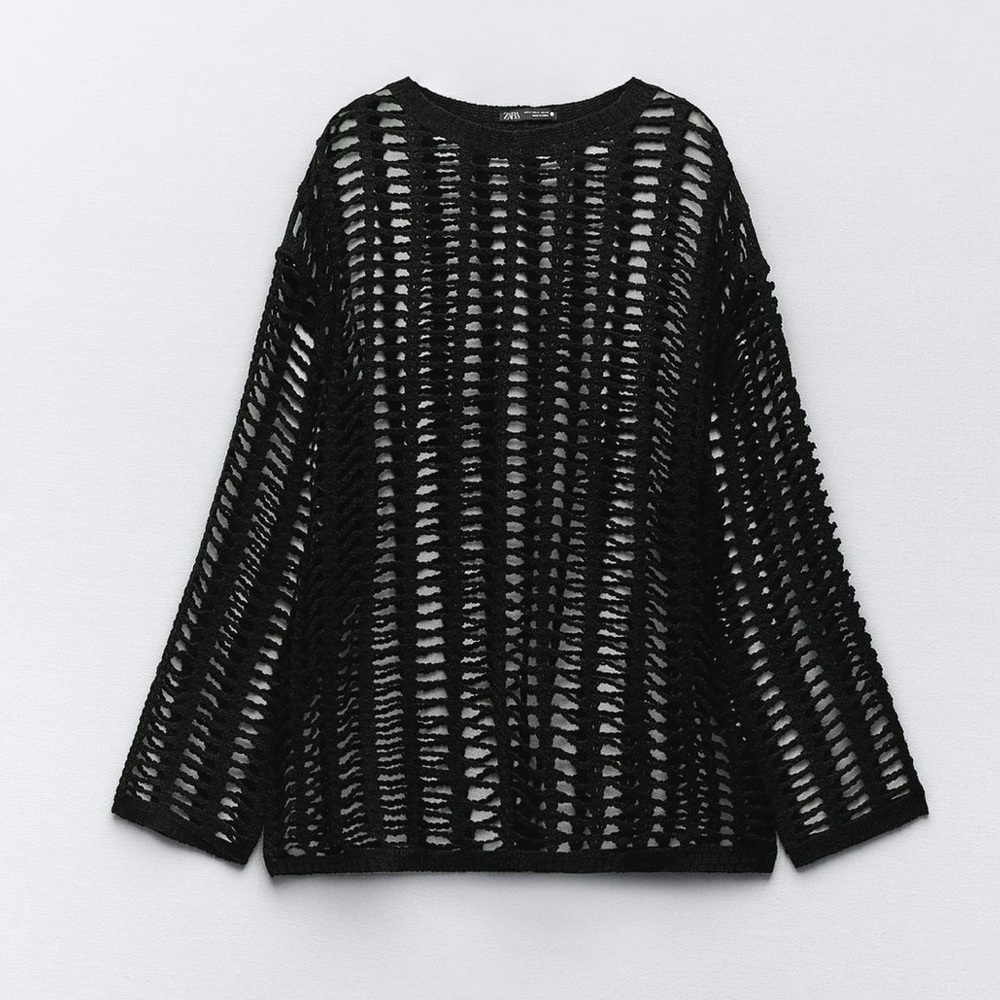 Black Open-Knit Crewneck Sweater